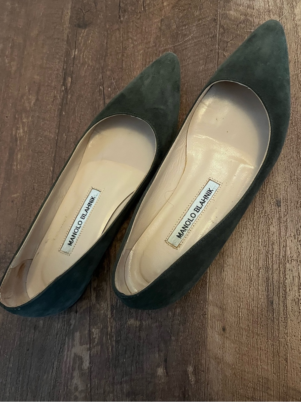 Manolo Blahnik Dark Green Suede Pointed-Toe Flats